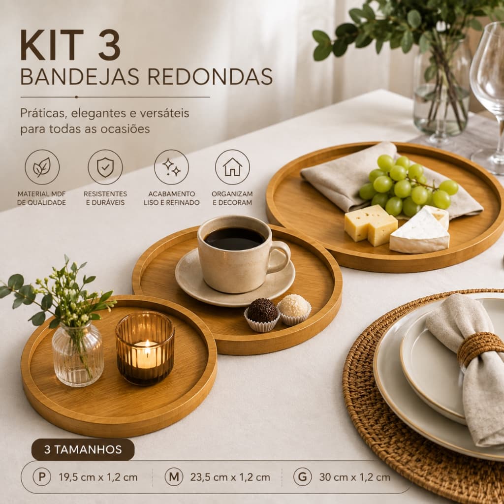 Kit 3 Bandejas Redondas em MDF 19cm 23cm e 30cm | Bandejas Decorativas para Café, Chá, Doces, Petiscos e Mesa Posta