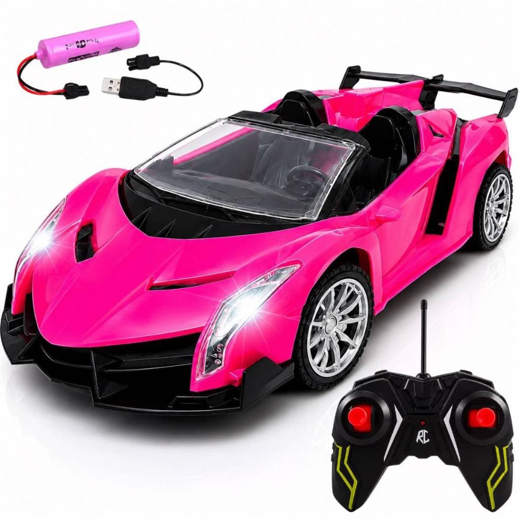 Carrinho de Controle Remoto Infantil Rosa Recarregável com Faróis LED Carro Esportivo RC