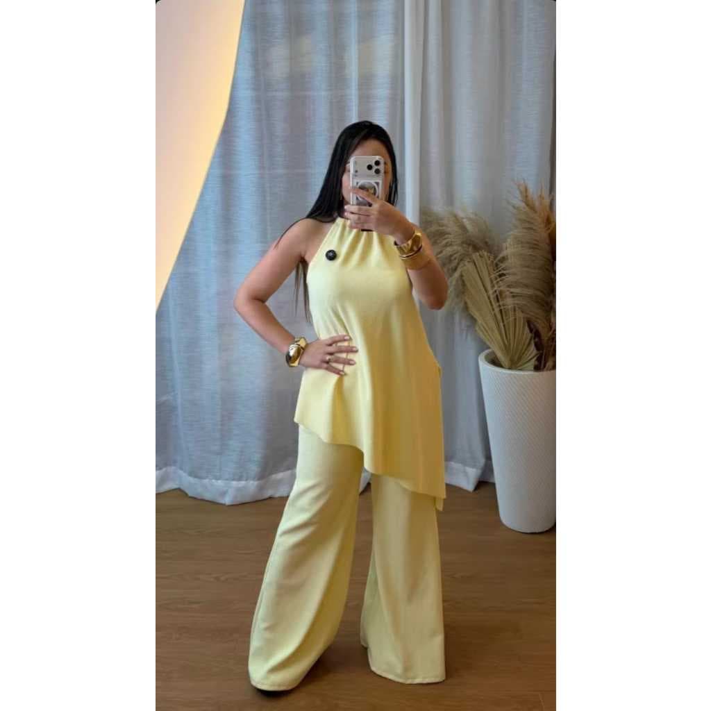 Conjunto Lumi Calça Pantalona e Blusa Assimétrico Sem Manga Tecido Anarruga Premium