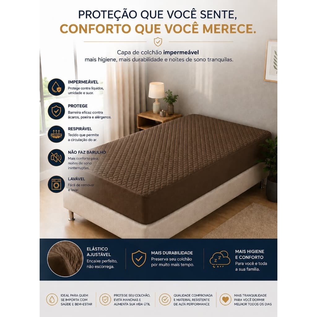 Capa de Colchão Impermeável Viúva 1,88 x 1,28m com Elástico Lavável Protetor de Colchão