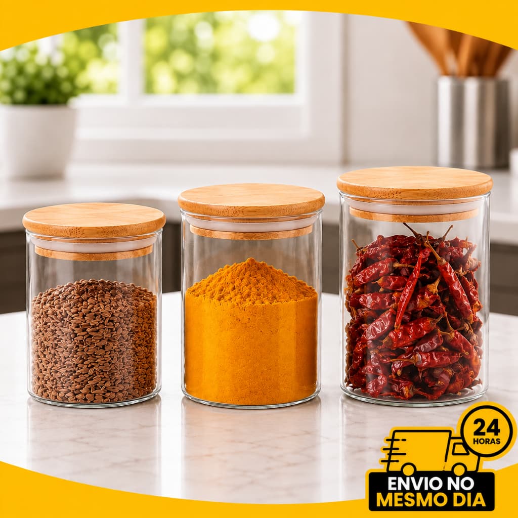 Kit 3 Potes de Vidro com Tampa de Bambu Hermético 650ml/1000ml/1200ml para Temperos Mantimentos Cozinha Vários Tamanhos