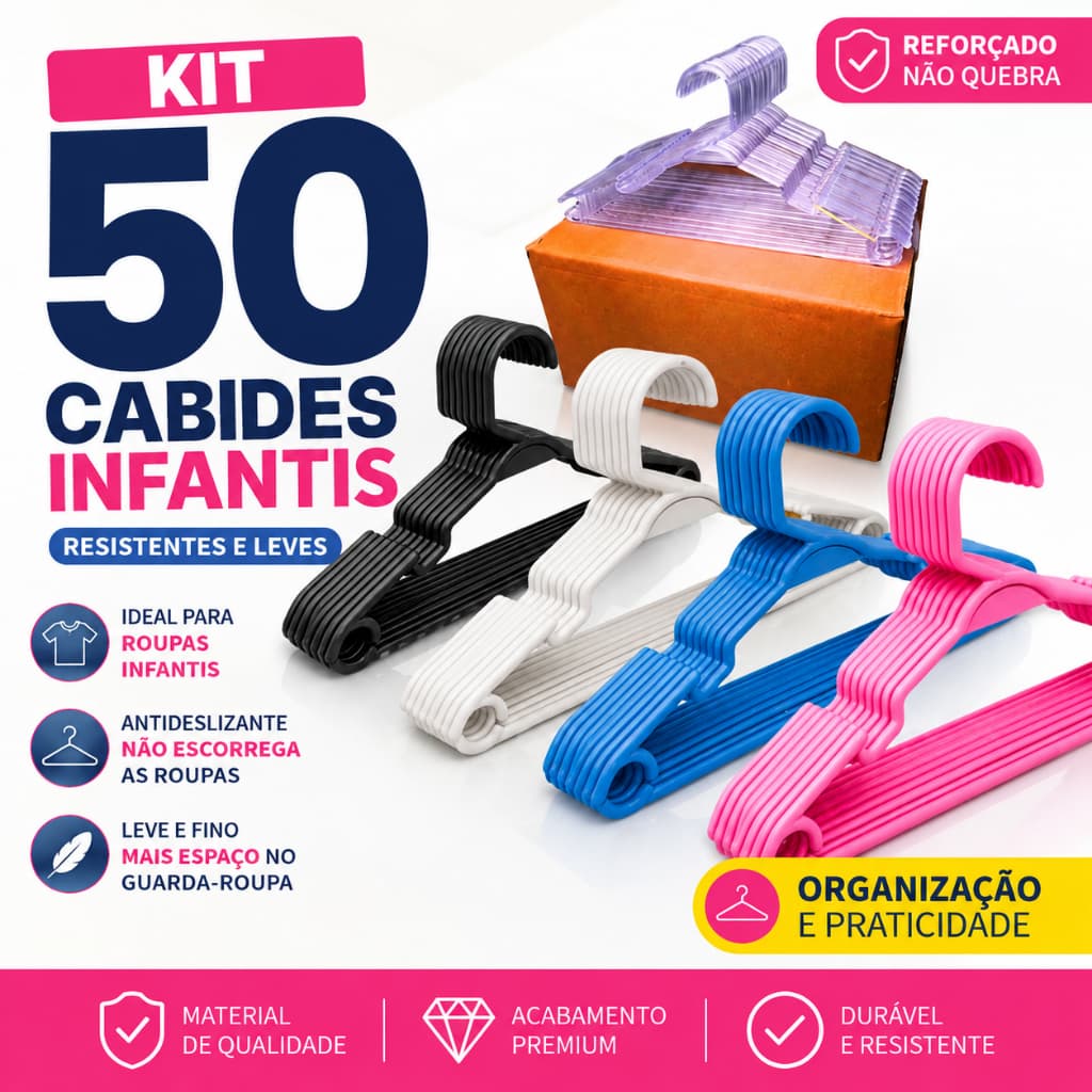 Cabide Infantil Baby Juvenil Cores Rosa, Azul, Preto, Branco