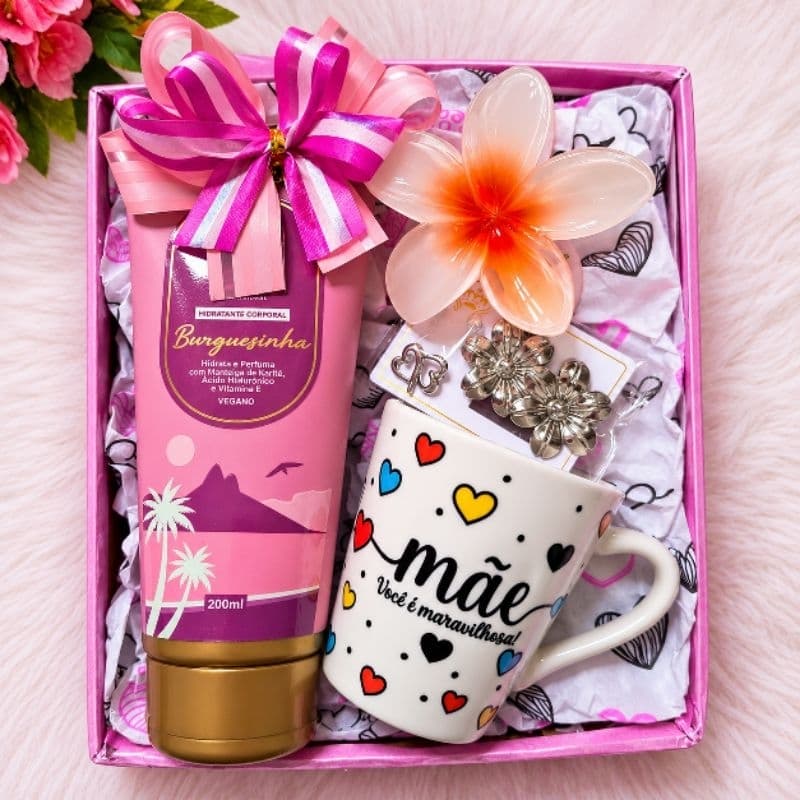 Kit Presente Feminino com Ursinho, Caneca e Hidratante Presilha - Mimo Lembrancinha Aniversário Mãe Namorada Amiga