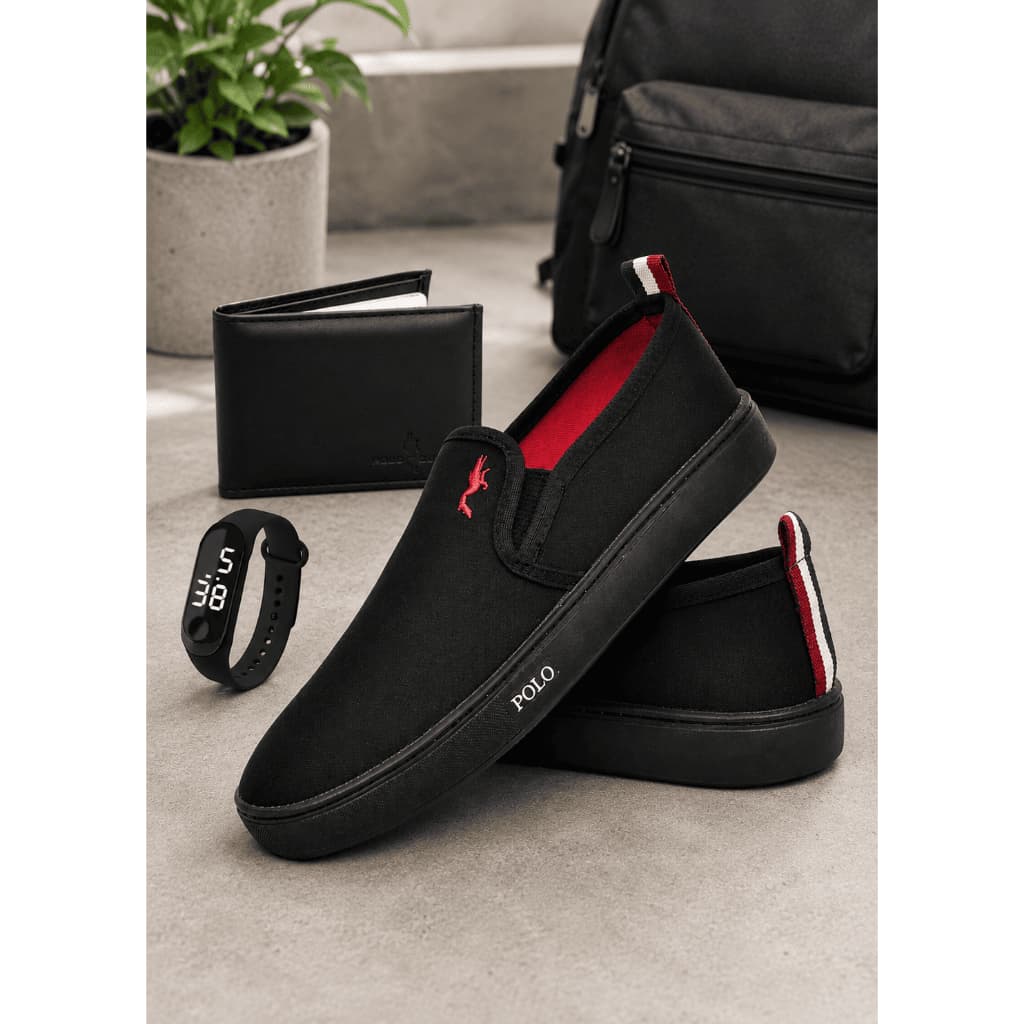 Kit Masculino Sapatênis Casual Slip On Clássico em Lona com Relógio Digital e Carteira Leve Uso Diário