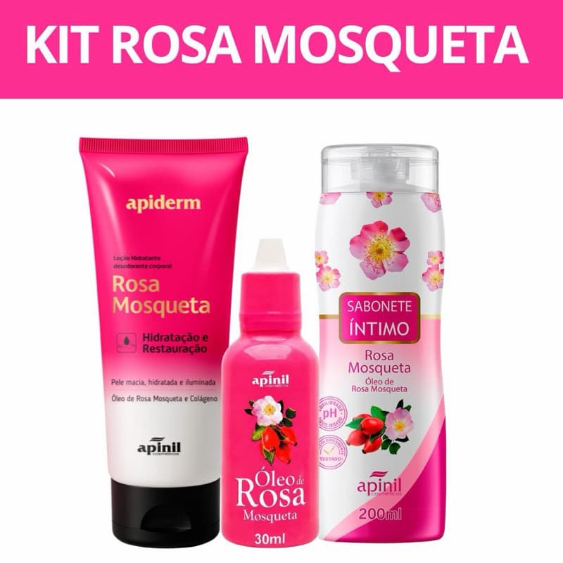 Kit Rosa Mosqueta Apinil – Hidratante Corporal + Sabonete Íntimo + Óleo de Rosa Mosqueta Clareador