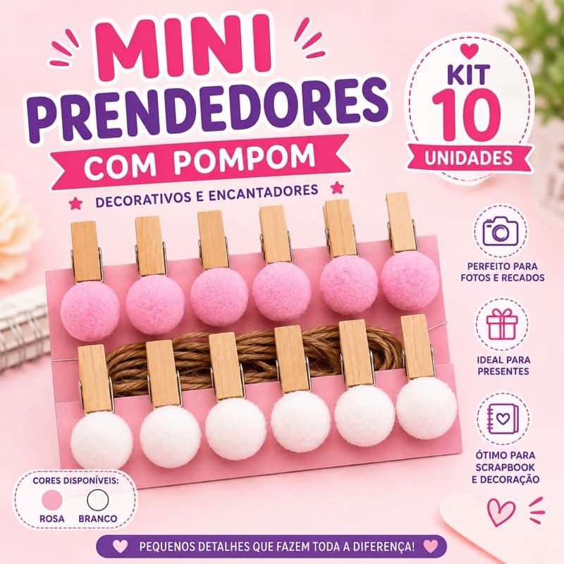 Mini Prendedores de Madeira com Pompom Kit 10 Unidades para Fotos Recados Scrapbook