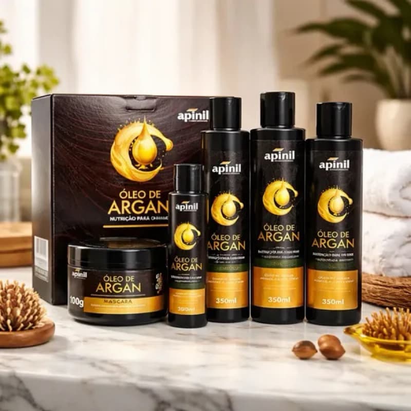 Kit Capilar Óleo de Argan Shampoo Condicionador Leave-In e Máscara 4 Itens O Segredo Marroquino para Cabelos Radiantes