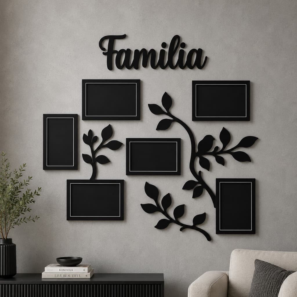 Kit Quadro Família 6 Fotos MDF Preto + Árvore da Vida Decorativa | Painel de Fotos Família para Parede