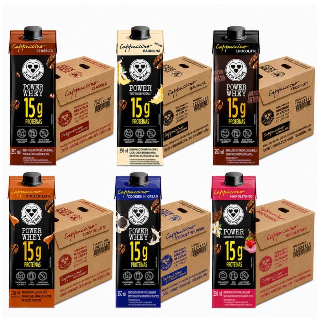Bebida Proteica Power Whey Cappuccino 3 Corações Sabores Caixa 12 Unidades