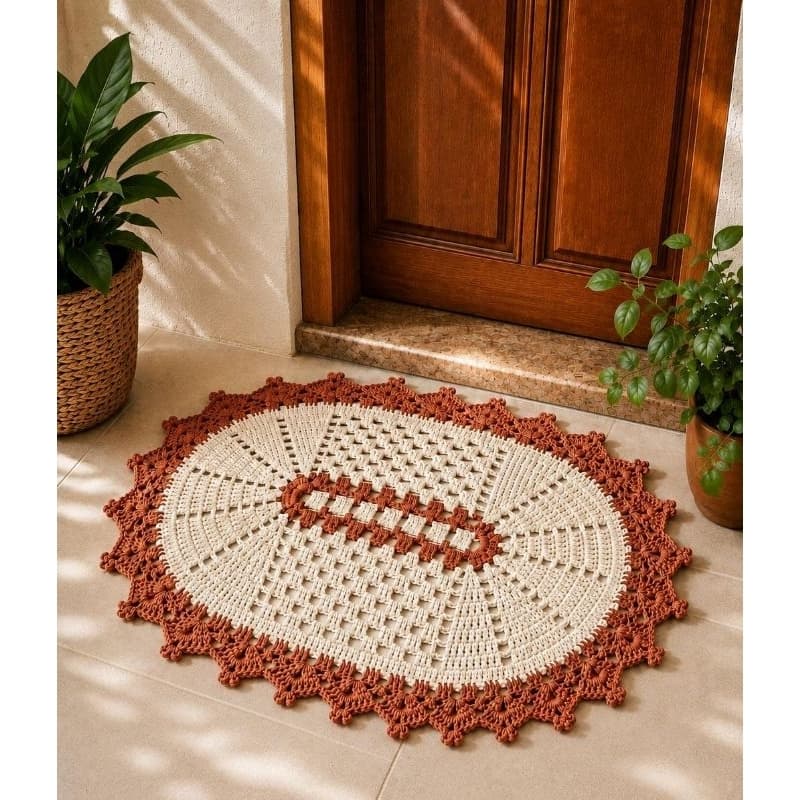 Tapete Crochê Artesanal 65x45cm Cru e colorido, Decoração Casa Handmade