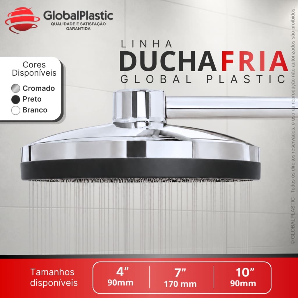 Ducha Fria Chuveirão 10 Polegadas 225mm para Piscina Jardim Quintal e Área Externa Branca Preta ou Cromada