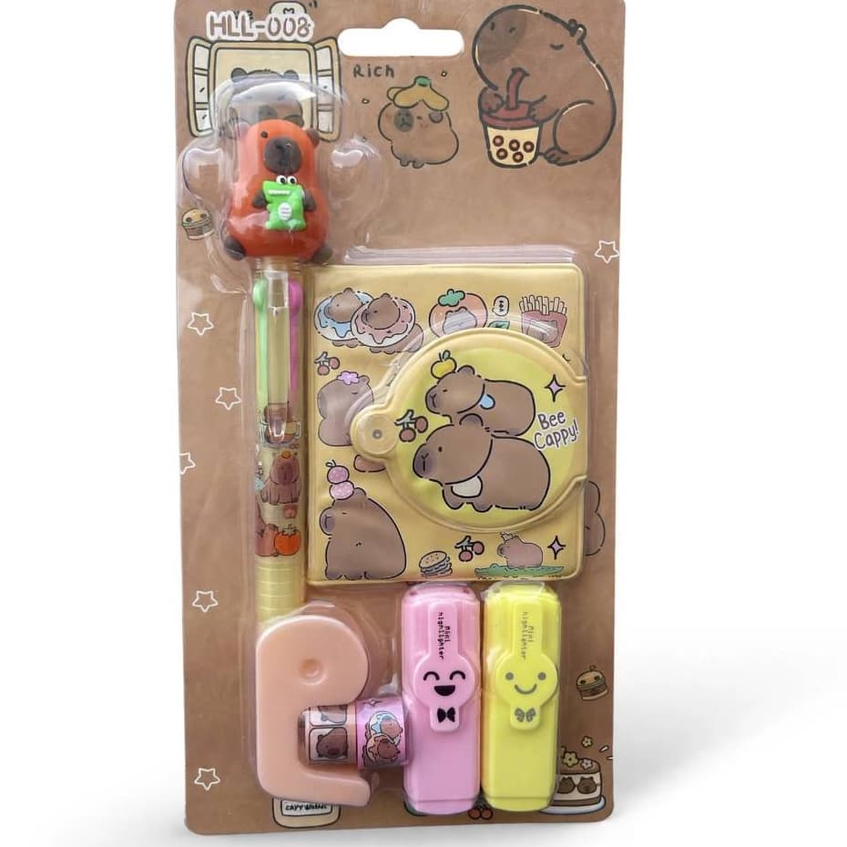 Kit Papelaria Tema Capivara e Stitch - Mini Bloco de Notas Fita Adesiva Caneta com 4 Cores  Papelaria Fofa