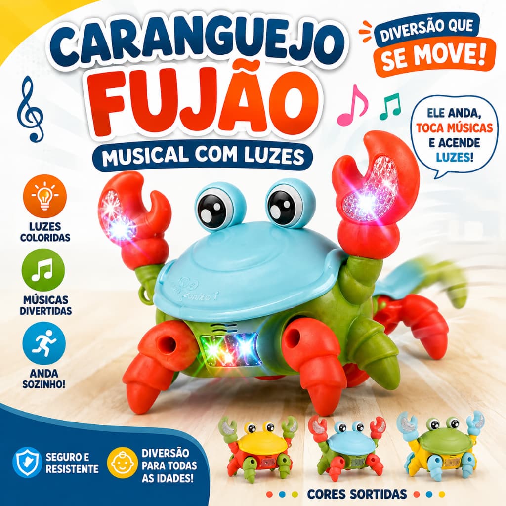 Caranguejo Fujão  Musical com Luzes LED Brinquedo Infantil Educativo Interativo