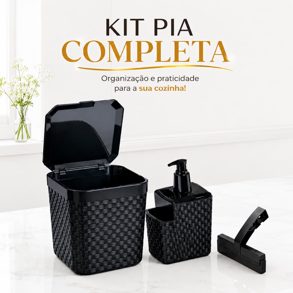 Kit Lixeira Rattan 5L Preta Cozinha Porta Detergente Rodinho Pia 3 Peças Moderno Pronta Entrega