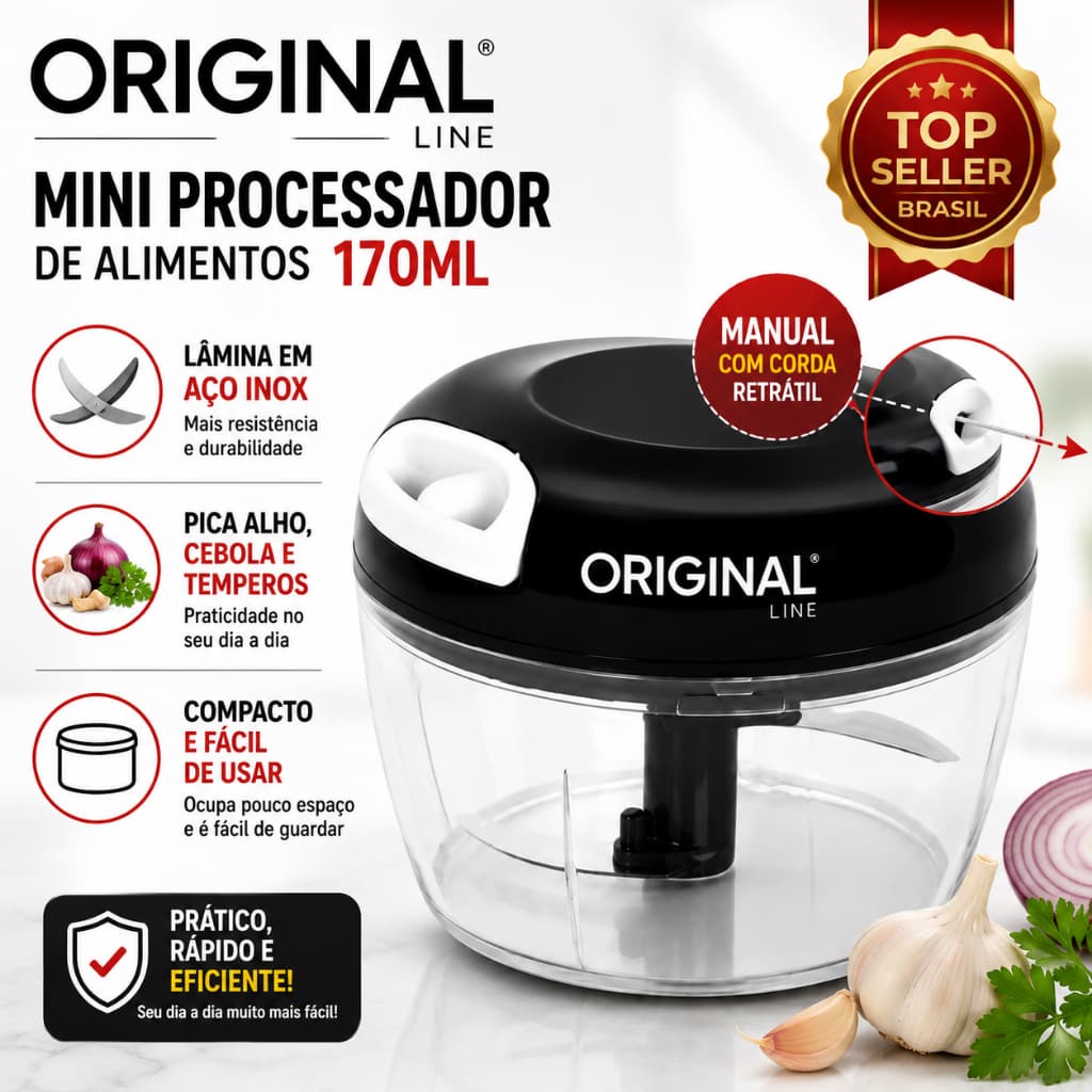 Mini Processador de Alimentos Original Line 170ml Manual com Corda Triturador Alho Cebola Temperos Lâmina Inox Preto