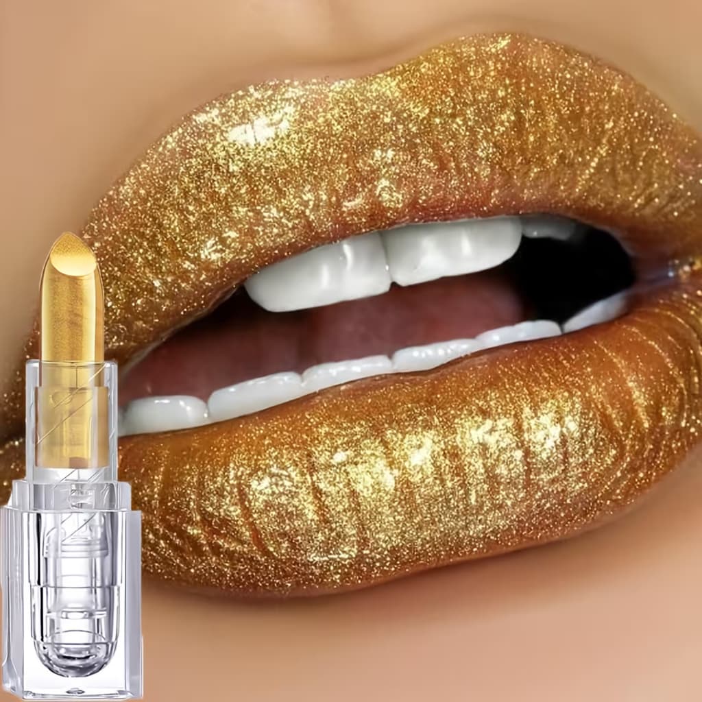 Batom Dourado com Pérola Dourada de Longa Duração e Cor Brilhante perolado, Adequado para Festas de Baile