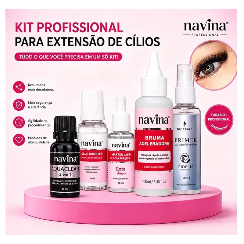 Kit Profissional para Extensão de Cílios Navina + Primer Fidelis | Aquaclean, Glue Booster, Master Lash, Bruma Acelerado