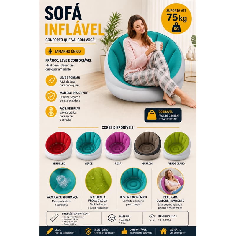 Sofá Poltrona Cadeira Inflável Resistente Almofadado Compacta Leve Adulto Infantil