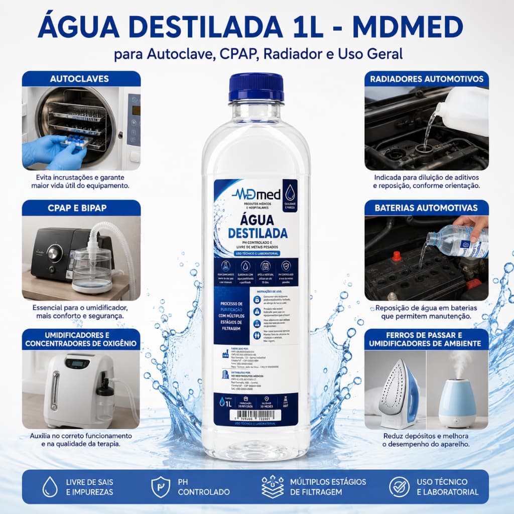 Água Destilada 1Litro para Autoclave, CPAP, Radiador e Uso Geral