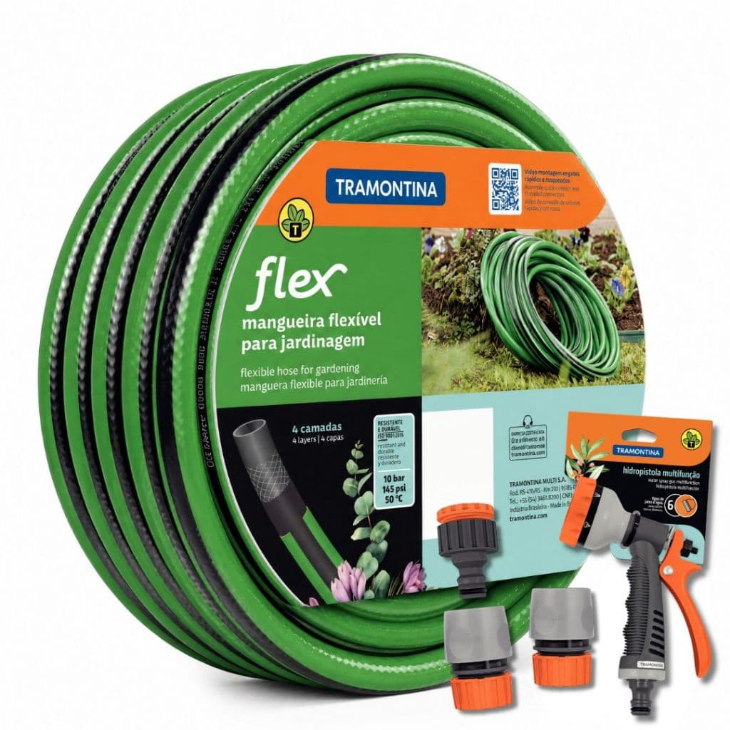 Mangueira Jardim Ate 50 Metros Tramontina Reforçada  1/2" com 4" Camadas e Esguicho 6 funções  Bico Cor Verde-escuro