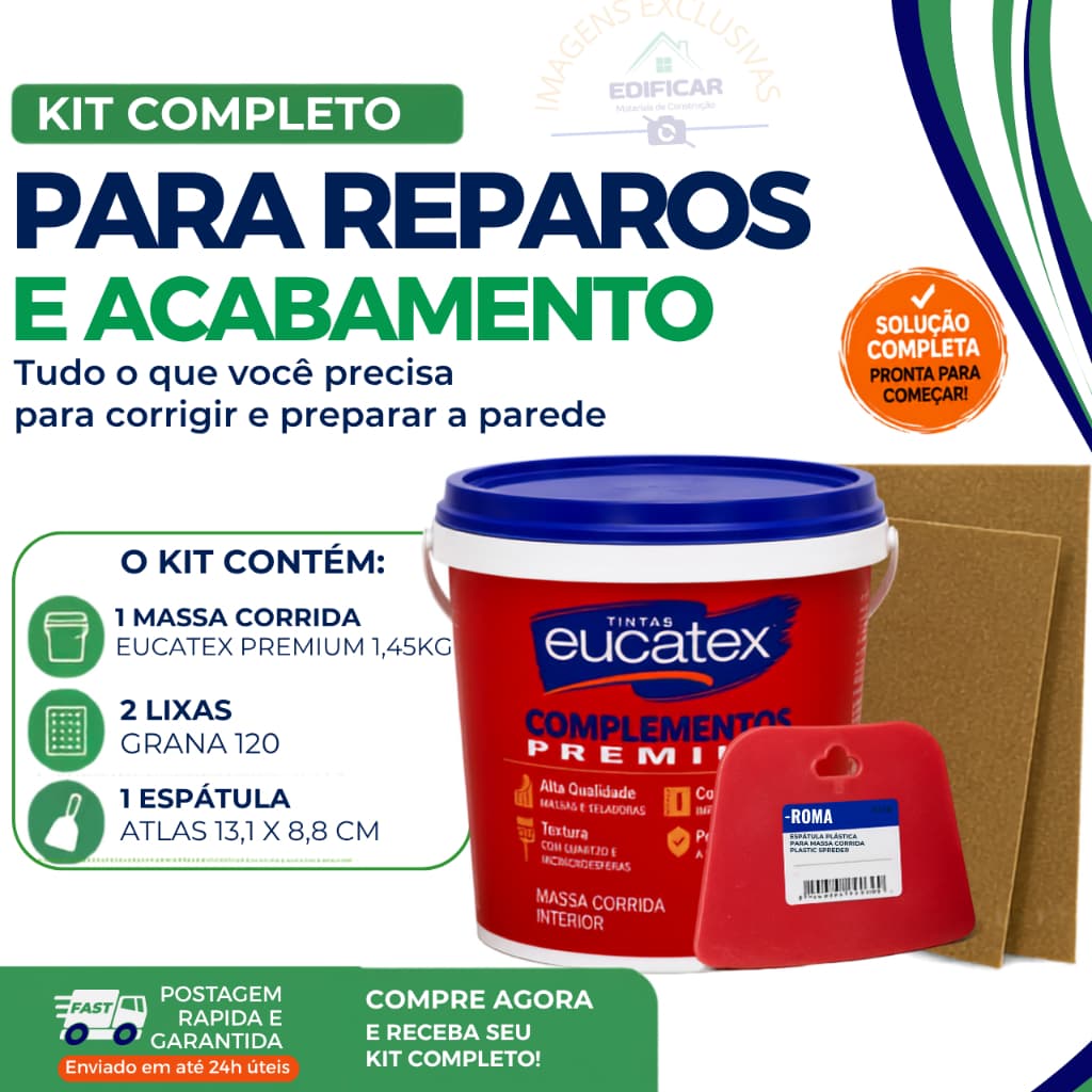Massa Corrida Eucatex Premium 1,45kg pequena + kit 2 Lixas 150 + Espátula reparo parede rapido e economico