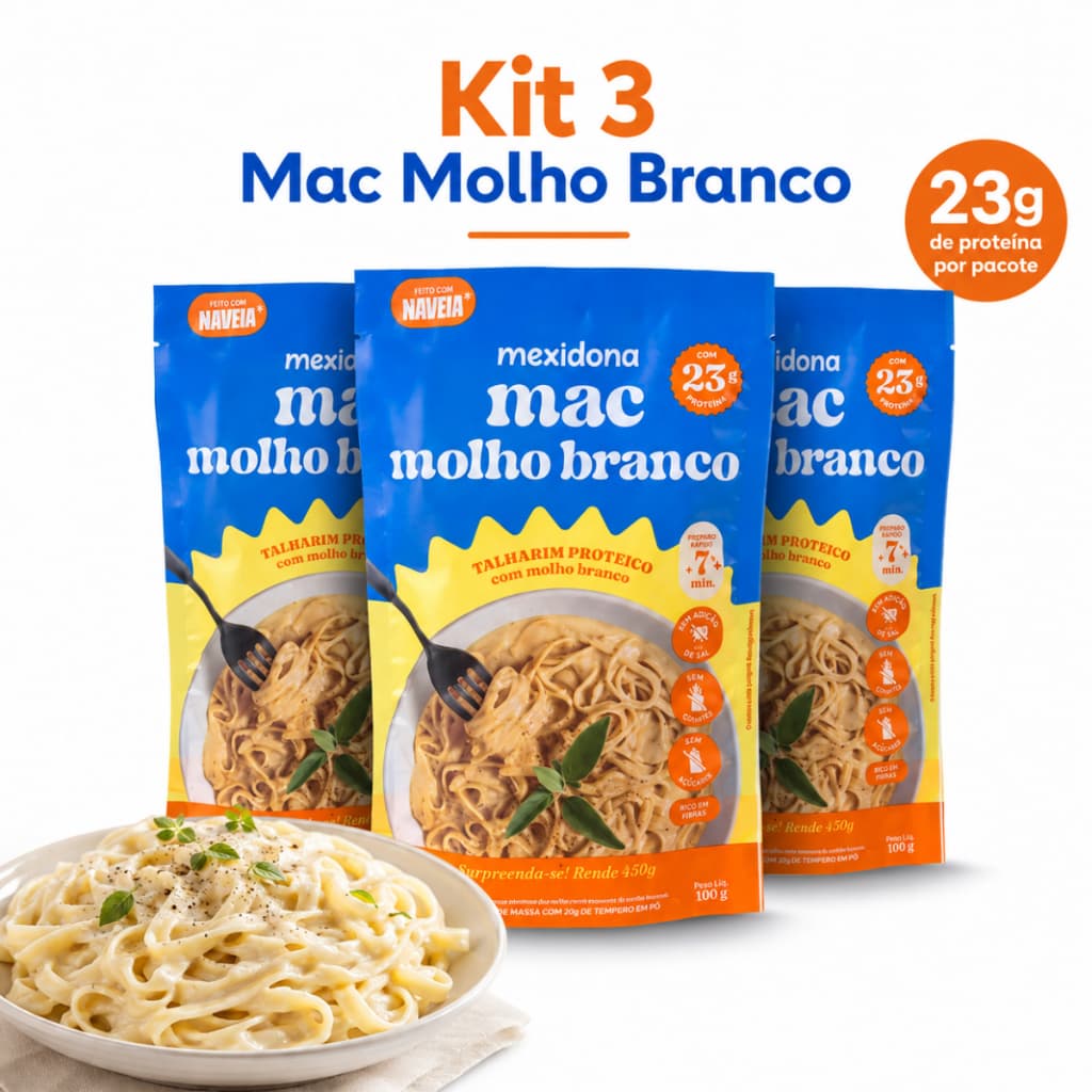 Mexidona Kit 3 Mac Molho Branco Proteico Fit Natural 100g S/ Glúten Vegano Rico em Fibras S/ Lactose