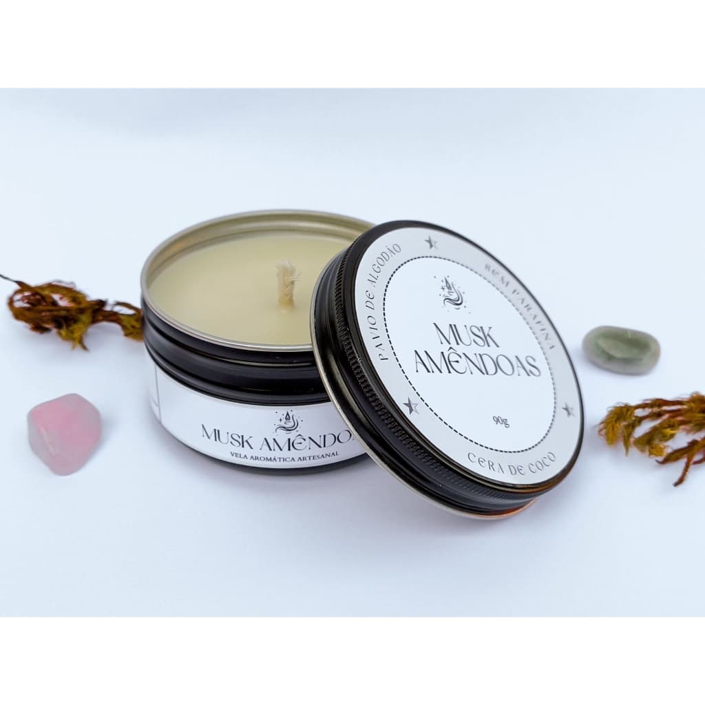 Vela Aromática Musk Amêndoas | Lata | Cera Vegetal | Pavio de Algodão