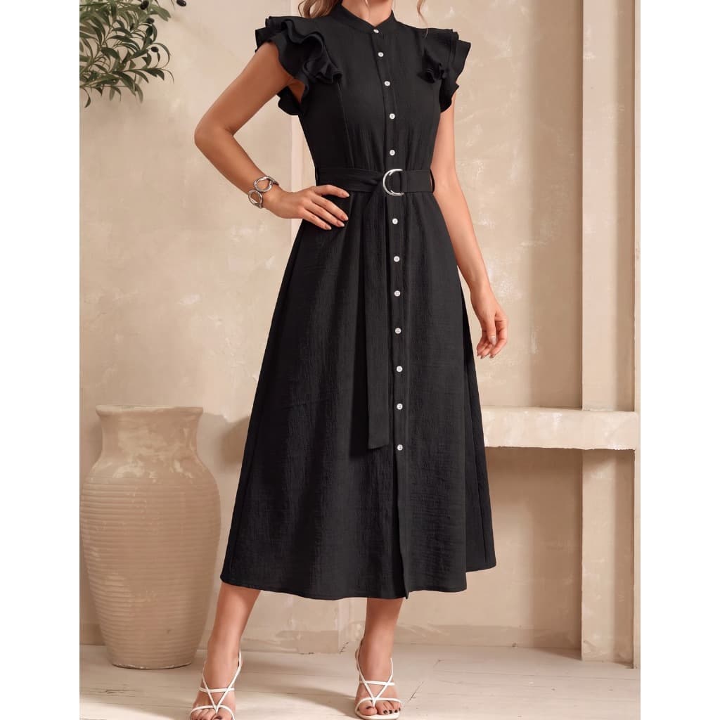 Vestido Midi Feminino Cinto Casual Manga Curta Babados Moda Evangélica
