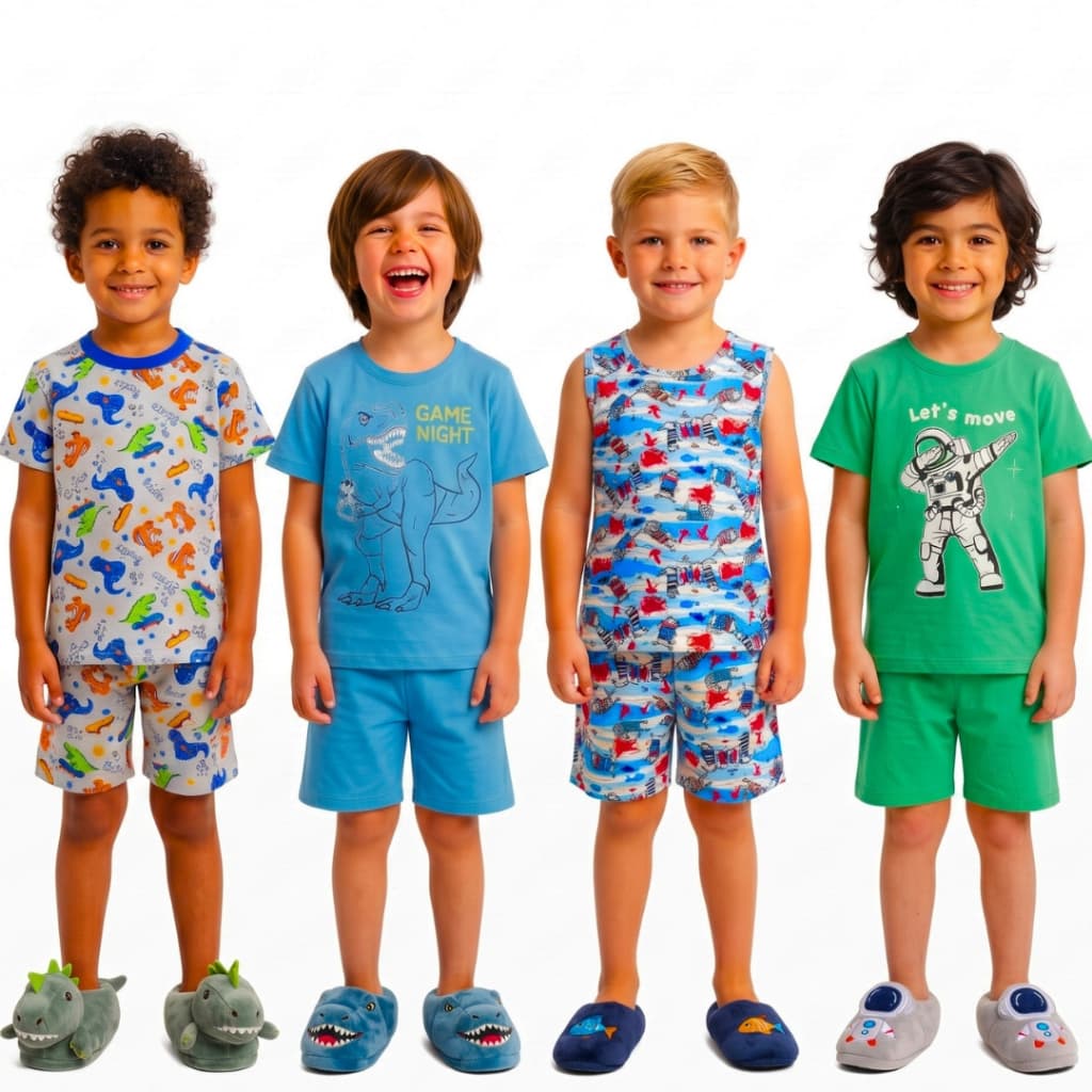 Kit 3 Conjunto Pijama Masculino Infantil Calor Camiseta e Regata e Bermuda com Elastico em Algodão 1 ao 16 anos