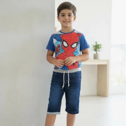 Bermuda Jeans Menino Com Bainha De Moletom Infantil