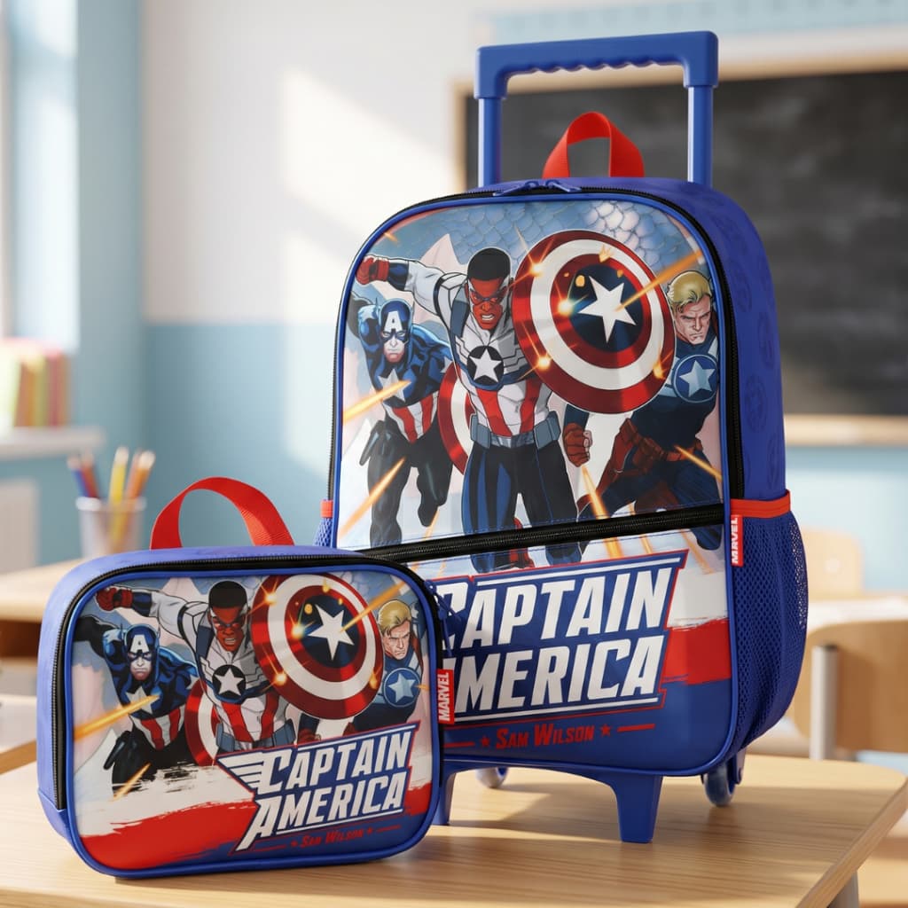 Kit Escolar Capitão América - Mochila de Rodinha e Lancheira Térmica - Marvel - Original - Luxcel