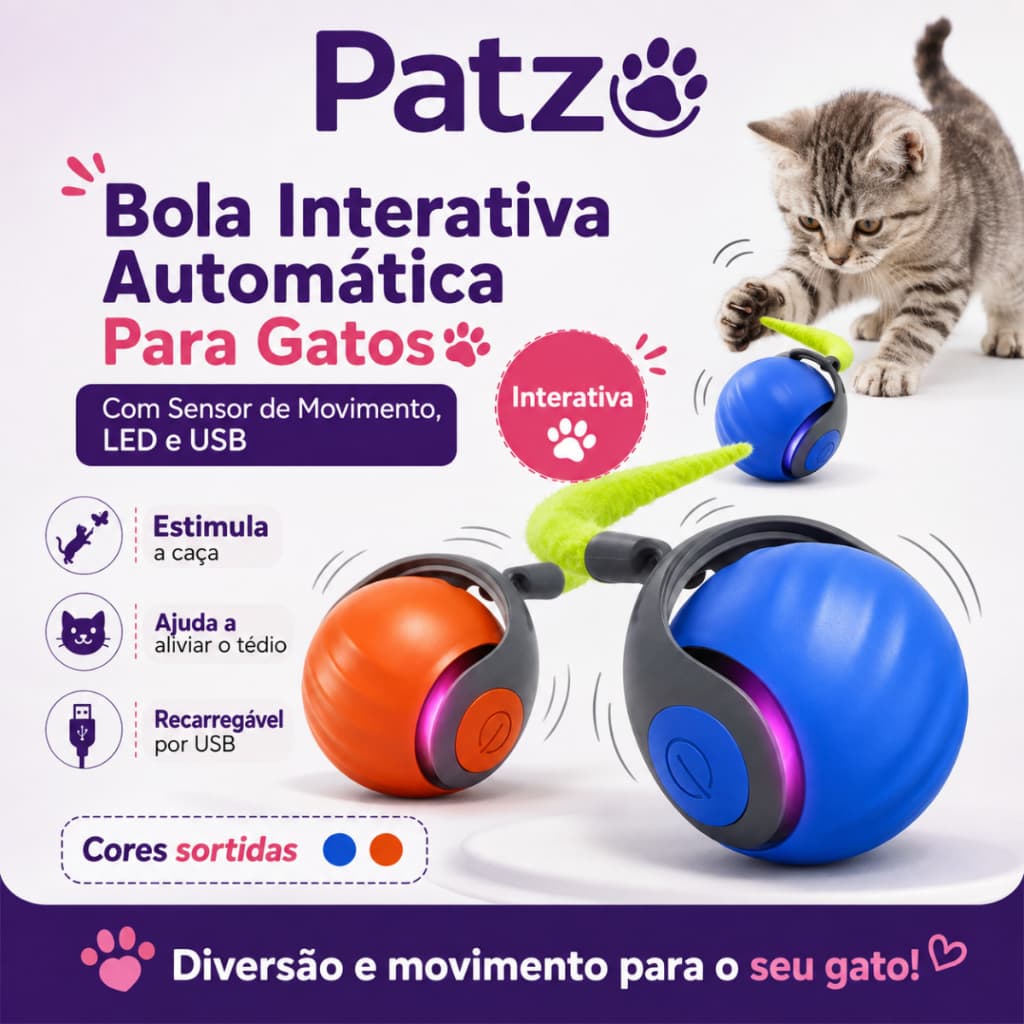 Bola Interativa Automática Para Gatos com Sensor de Movimento LED Recarregável USB