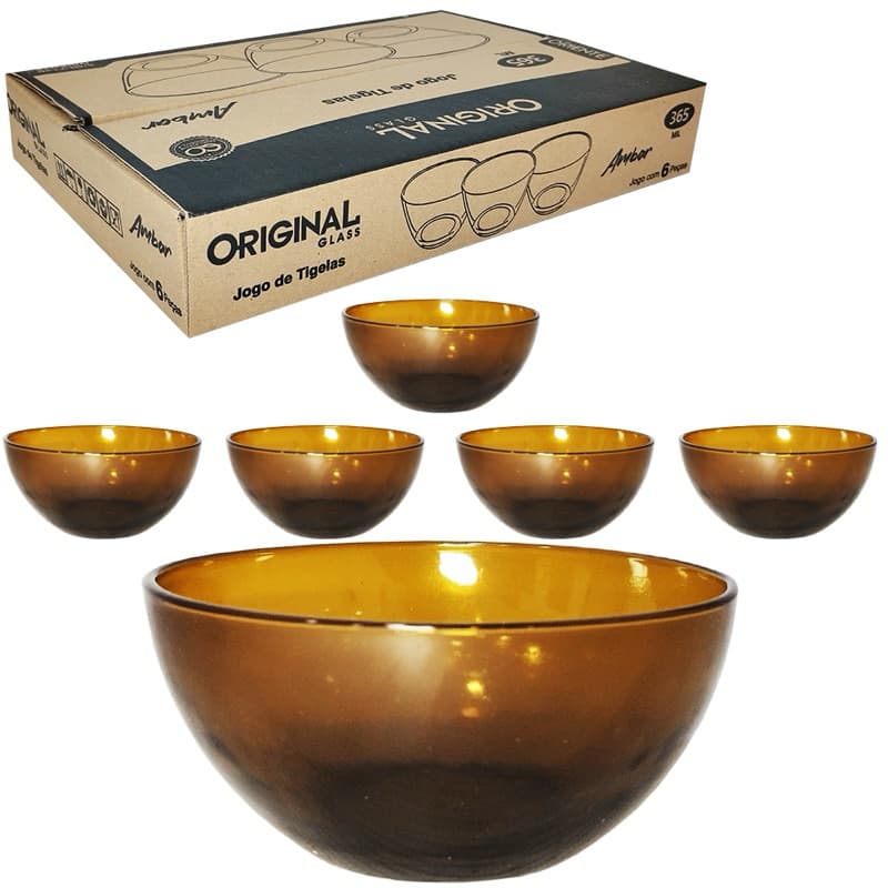 JOGO DE TIGELA DE VIDRO REDONDA PARA SOBREMESA ORIENTE AMBAR COM 6 PECAS 365ML