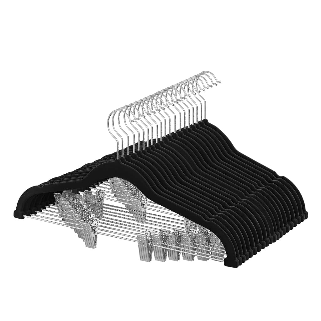 Kit 10 Cabides Slim de Veludo Preto com 10 Presilhas | Cabide Antideslizante