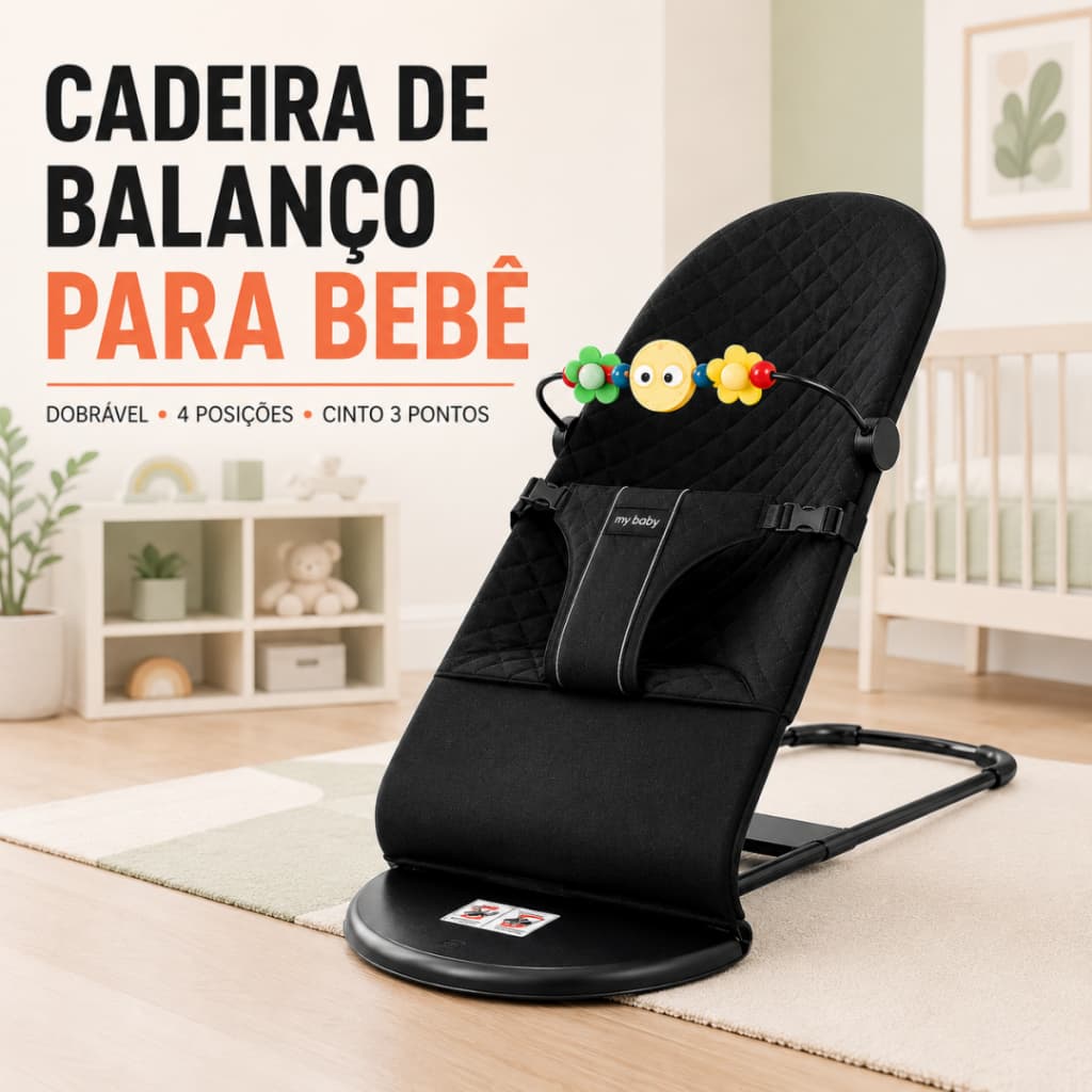 Cadeira de Balanço para Bebê Dobrável 4 Posições com Cinto de 3 Pontos e Brinquedos Portátil