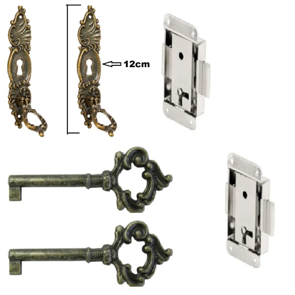 Kit 2 Fechaduras Colonial com Chave Antiga e Puxador 12cm Ouro Velho para Armário Guarda Roupa