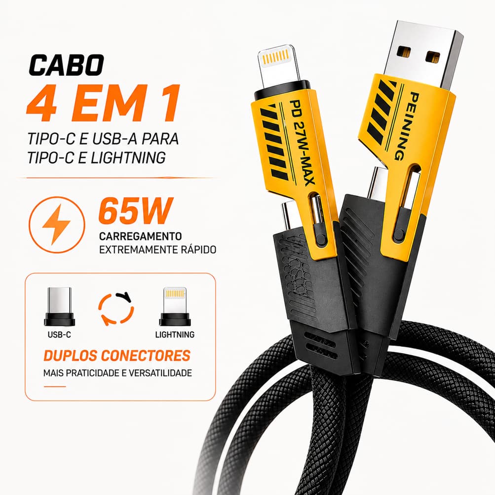 Cabo USB Tipo C e Lightning Turbo Nylon Peining 4 Em 1 65W PD 27W Reforçado USB-C Lightning 1 Metro Rápido PEI-J80