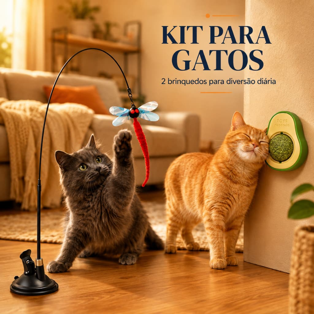 Kit Brinquedos Interativos para Gatos Varinha com Ventosa + Abacate com Catnip - Erva do Gato