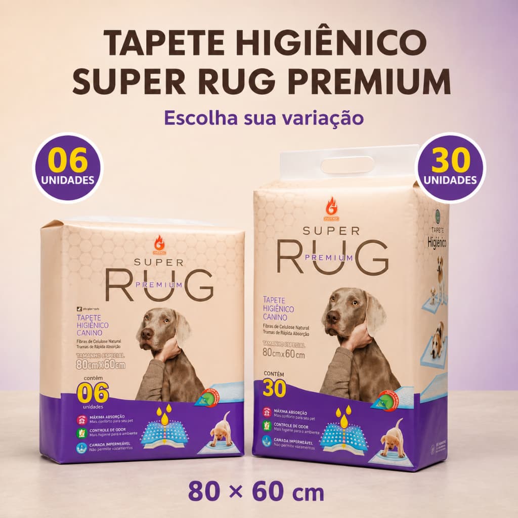 Tapete Higiênico Super Rug Premium 80x60cm para Cães Kit 6 ou 30 Unidades