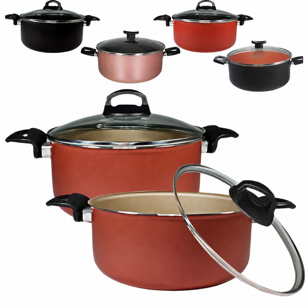 Kit 2 Panelas Caçarolas Grande 22 24cm Tampa De Vidro Antiaderente 5 Camadas Teflon Cor Vermelha Preta Cereja Cobre Rose