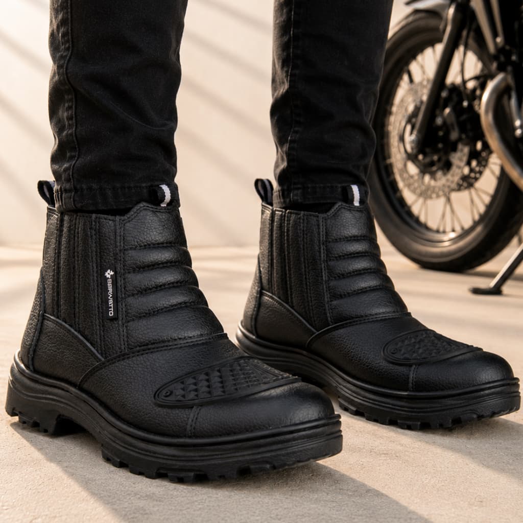 Coturno Motoqueiro Masculino Bota Motociclista Couro Biqueira