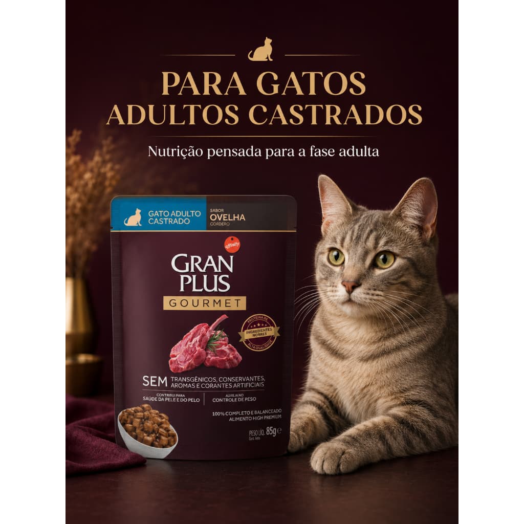 Ração Úmida GranPlus Gourmet Sachê 85g Gatos Adultos Castrados Sabor Ovelha Controle de Peso Pele Pelo High Premium Pets