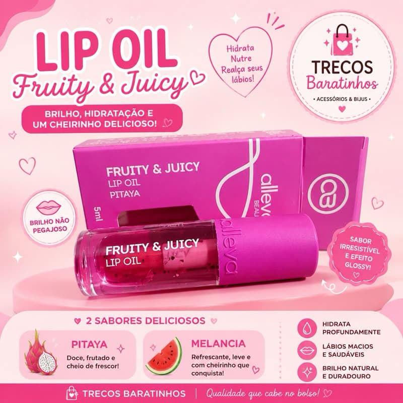 Lip Oil Lip Oil Alleva Beauty 5ml - Gloss Hidratante Labial Sabor Pitaya e Melancia& Juicy Melancia