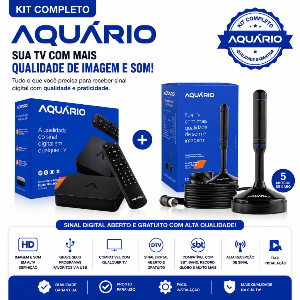 Kit Conversor Digital Aquário DTV-9000 + Antena 5m Full HD