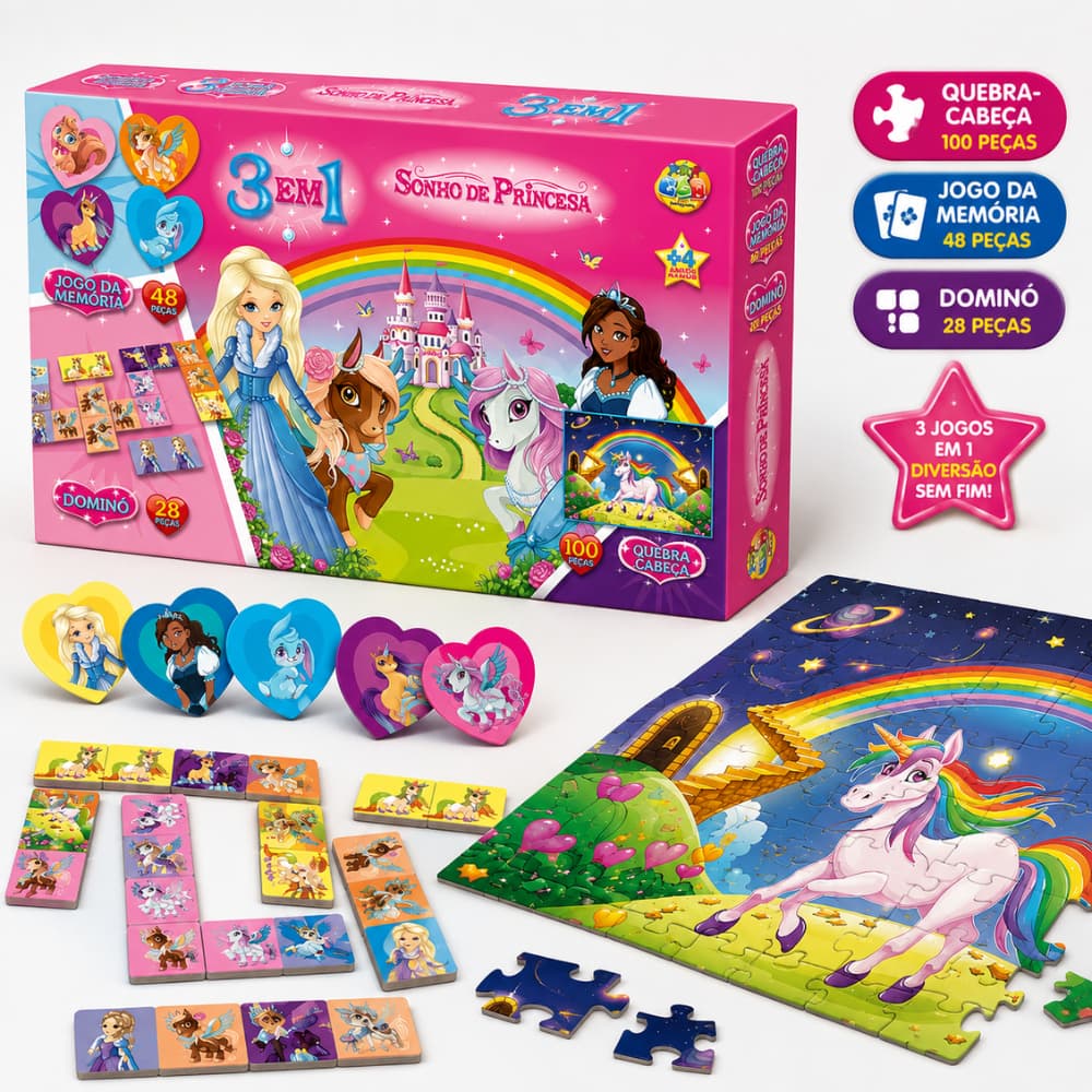 Kit Jogo Infantil 3 em 1 Sonho de Princesa Quebra-Cabeça Memória e Dominó