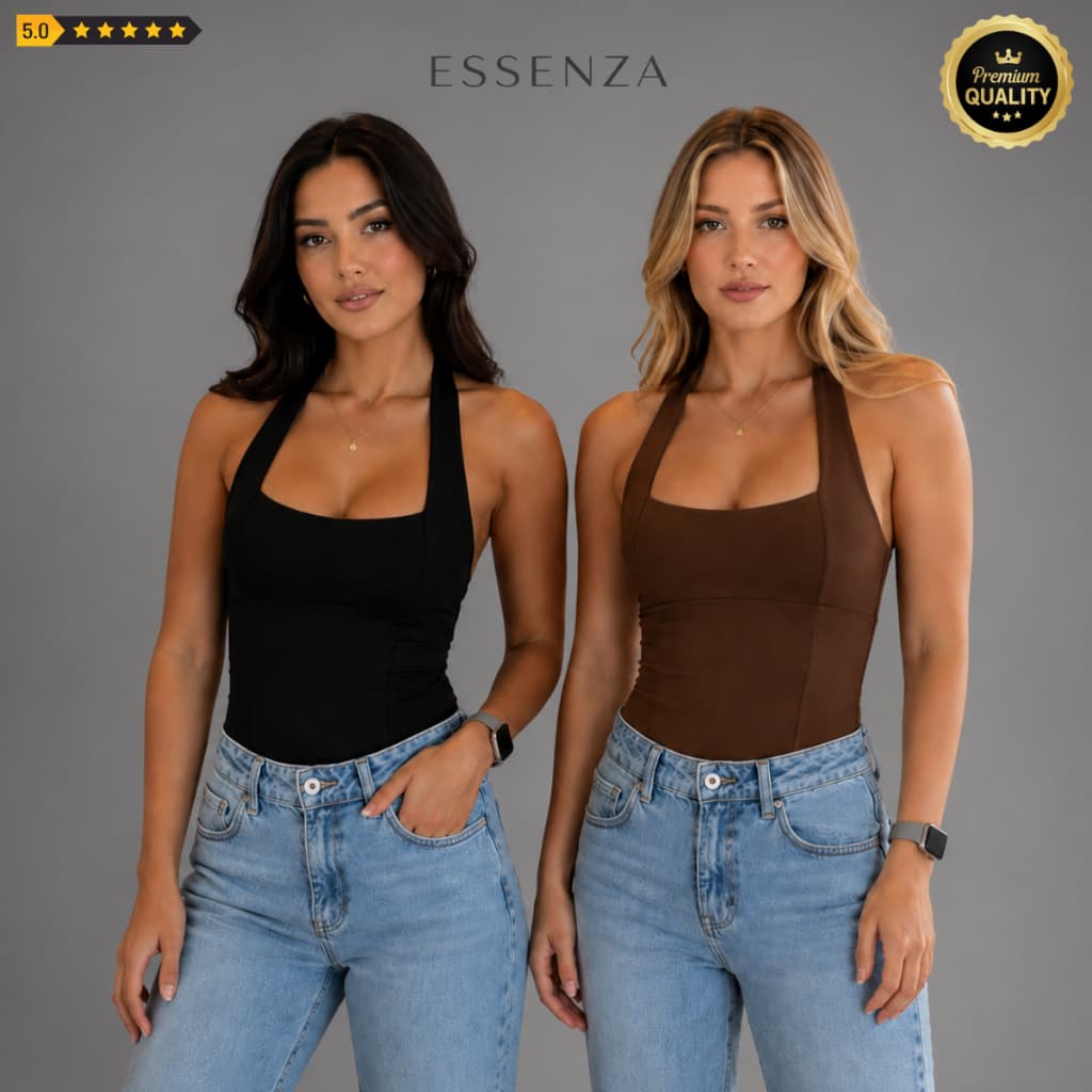 Blusa Feminina Top Halter Ajustado Decote Frente Unica Costa Nua Casual Moda Gringa Cores Verão 2026