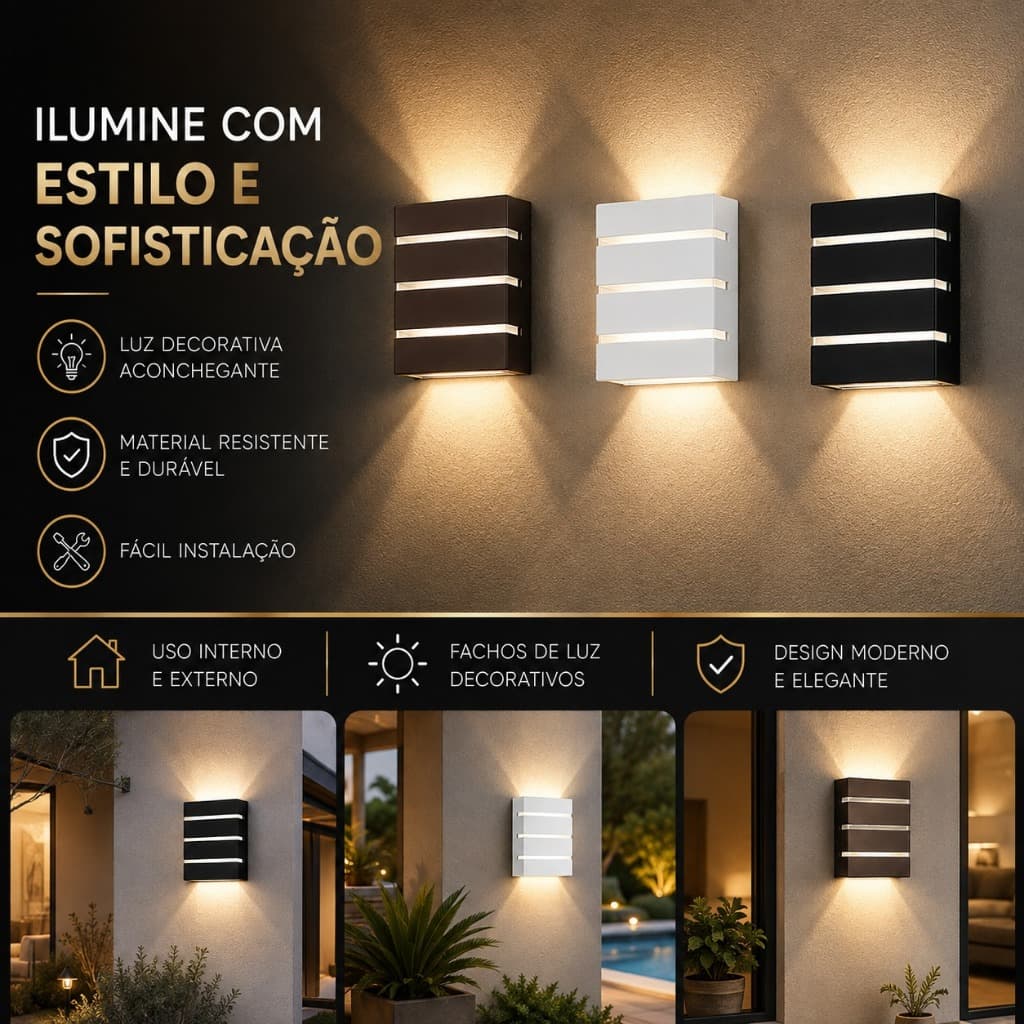Arandela 3 Frisos Luminária Sobrepor Externo Interno Decoração Casa Led Slim Fachada Muro Parede Spot