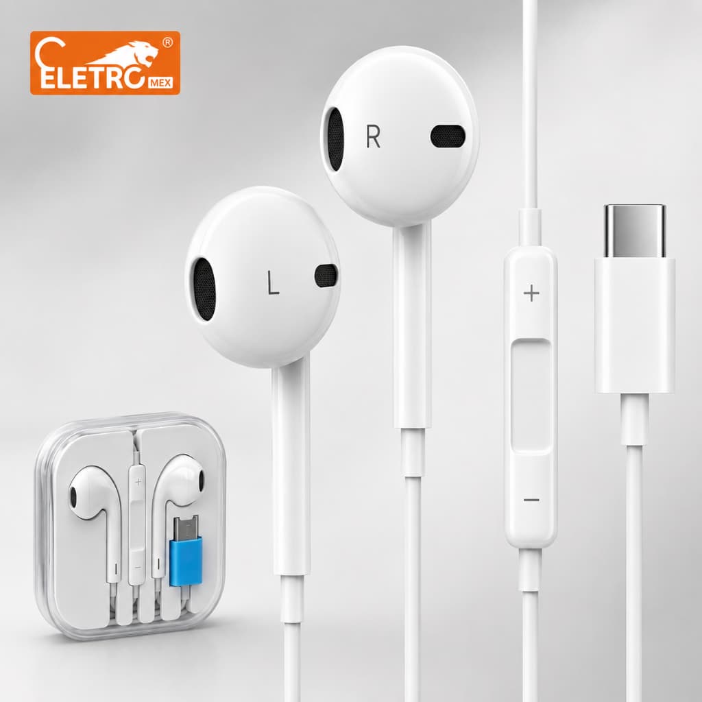 Fone com Fio Tipo C USB-C Original Eletromex com Microfone para Celular Samsung Xiaomi iPhone 15 16