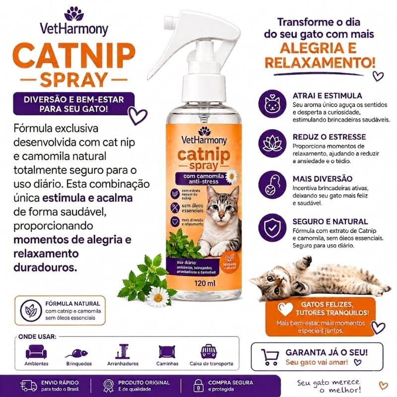 🌿 Catnip Spray 120ml Vetharmony - Erva dos Gatos + Camomila | Anti-Stress