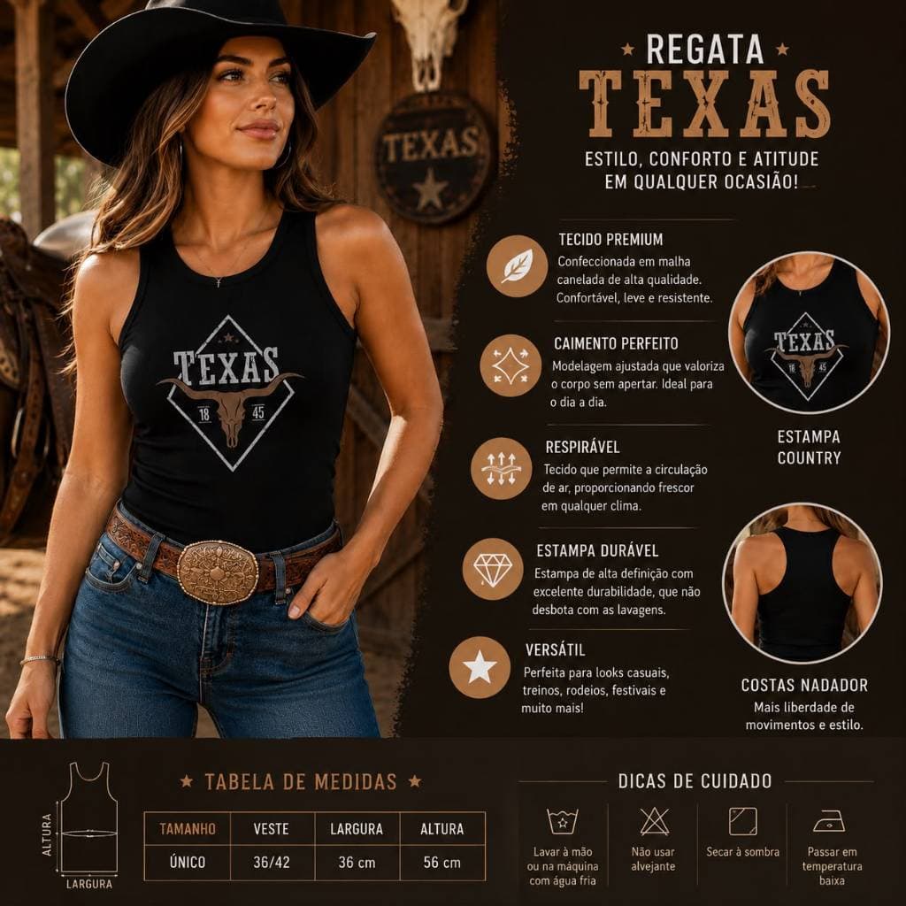 Regata Feminina Texas Country Estampada Cavada Nadador Moda Country